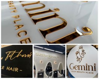 🪙Logá vyrobené zo zlatého plexiskla sú pútavé, štýlové a nadčasové riešenie na stenu vášho salónu/obchodu. 🪙Az arany...